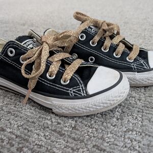 Kids Black Converse Shoes with Gold Laces